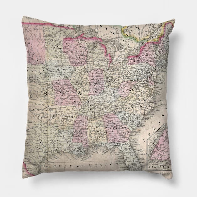 Vintage Map of The United States (1866) Pillow by Bravuramedia