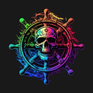 Synthwave Retrowave Pirate Ship Wheel Skull Colorful Graphic T-Shirt