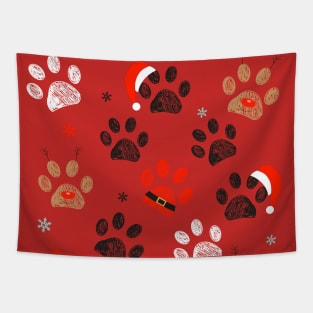 Paw prints with Santa Claus, deer and red hat Tapestry