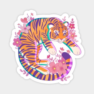 Colorful cartoon tiger with pink flowers Magnet