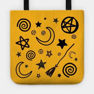 Blessed Be, Broom Stick, Harm None, Pentacle, Spiral, Star… in black + white Tote