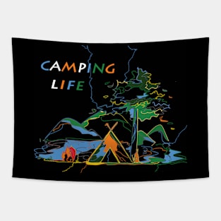 Camping life retro mountians trees and tent with beautiful nature Tapestry