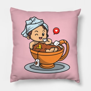 Cute Girl Bathing In Cup Tea Cartoon Pillow