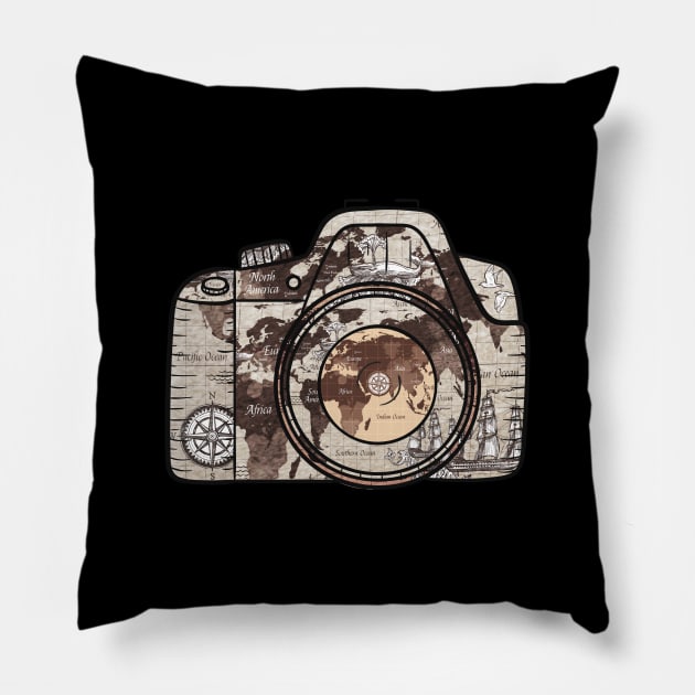 A Aesthetic Art Of Camera In Camoflague Art Of Map On It Pillow by mangobanana