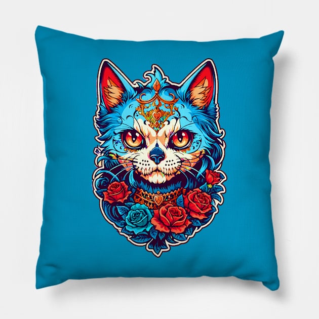 Sugar Skull Cat Pillow by CatCoconut-Art