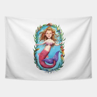 Pink-Tailed Mermaid and her Seaweed Circle Tapestry