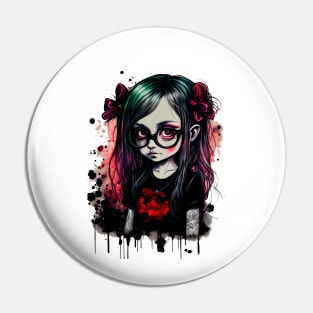 Cartoon little girl with glasses in gothic style at school T-Shirt Pin