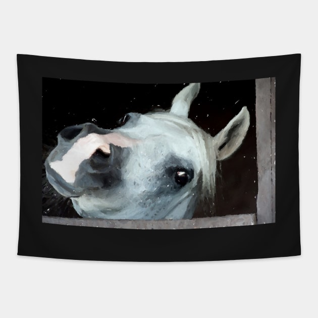 Grey Arabian Horse Portrait in Watercolor Portrait Tapestry by Oldetimemercan