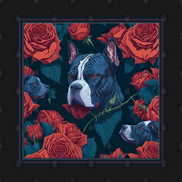 Dogs, pit bull and roses, dog, seamless print, style vector (red roses & pit) by xlhombat