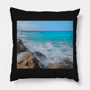 Rocky beach horizon, On the rocks, ocean waves surfing the rocks of a splashing dashing restless Caribbean Sea Pillow