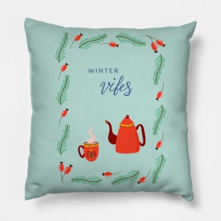 Cozy still life with holiday red ceramic tableware and plant background Pillow