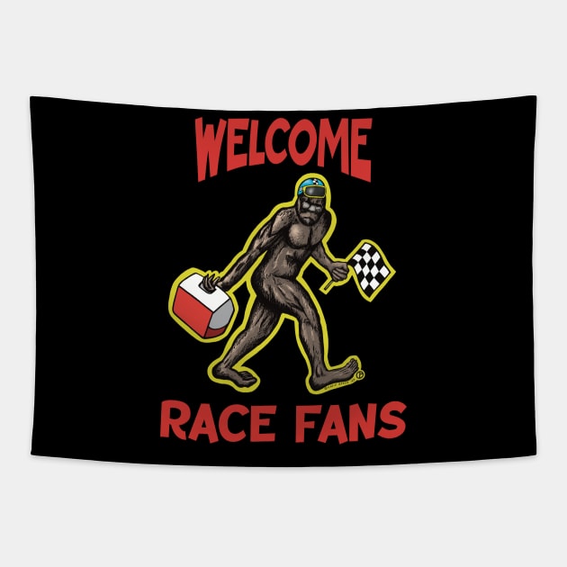 Welcome Race Fans Bigfoot Tapestry by Art from the Blue Room