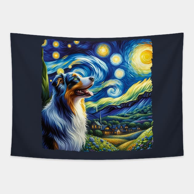 Starry Australian Shepherd Dog Portrait - Pet Portrait Tapestry by starry_night