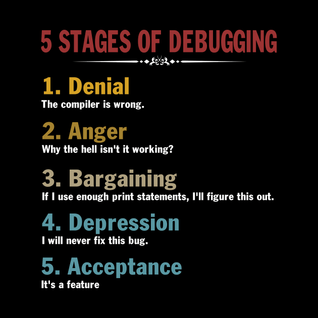 5 Stages of Debugging Full Stack Coder Software Developer by peskybeater