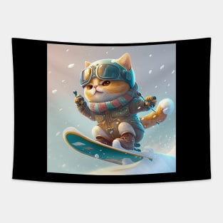 Cat on a Snowboard Tapestry