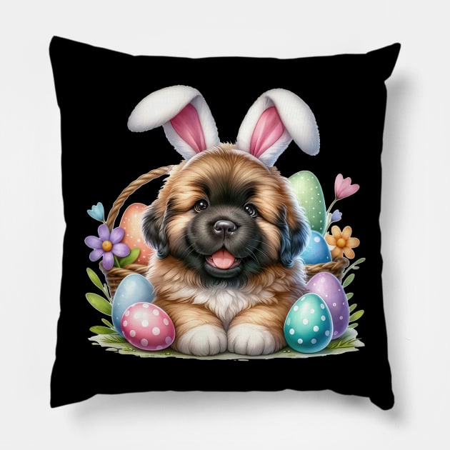 Puppy Newfoundland Bunny Ears Easter Eggs Happy Easter Day Pillow by SuperMama1650