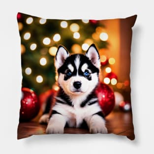 Tiny Husky Puppy Dog by Christmas Tree Pillow