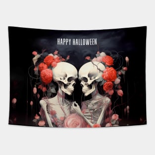 Happy Halloween: Halloween Skeletons in Love on a Dark Background Tapestry