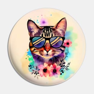 Cool Cat with Sunglasses Watercolor Flowers Kitty Pin