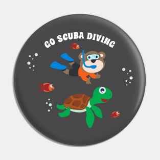 Diving with funny bear and turtle with cartoon style Pin