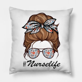 Nurse Life Funny Messy Bun Hair & Glasses Edit Pillow