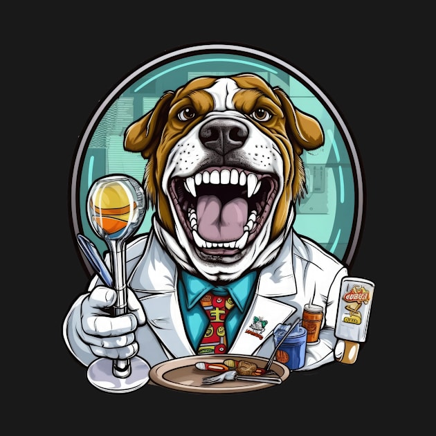 an English Bulldog wearing a dentist's coat and a head mirror, holding a small toothbrush by teestore_24