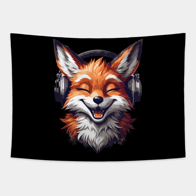 Funny Smiling musical fox wearing headphones Tapestry by TomFrontierArt