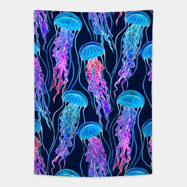 Luminescent Rainbow Jellyfish on Navy Blue Tapestry by micklyn