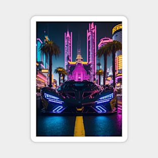 Dark Neon Sports Car in Beach Neon City Magnet