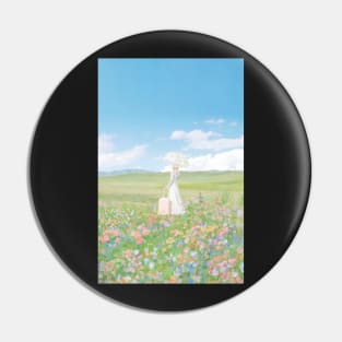 woman in a flower field with umbrella and suitcase Pin