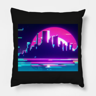Cyan synthwave city 2 Pillow