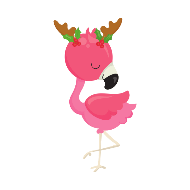 Christmas Flamingo, Pink Flamingo, Antlers, Bird by Jelena Dunčević