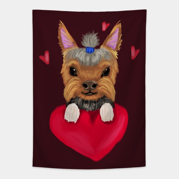 Yorkie with red heart Tapestry by Antiope