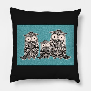 Folk Art Owl Family with Owlet on Teal Floral Background Pillow