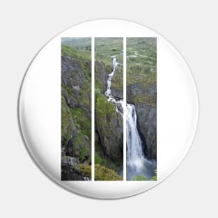 Wonderful landscapes in Norway. Vestland. Beautiful scenery of Voringfossen waterfall in the Mabodalen valley on the Hardanger scenic route. Mountains, trees in background. Cloudy day (vertical) Pin
