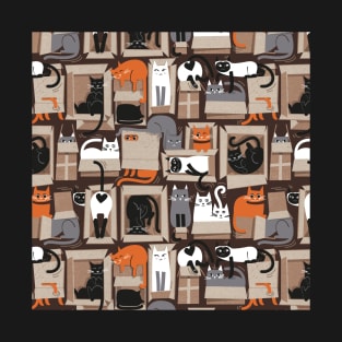 Purfect feline architecture // pattern // brown background cute cats in cardboard boxes T-Shirt