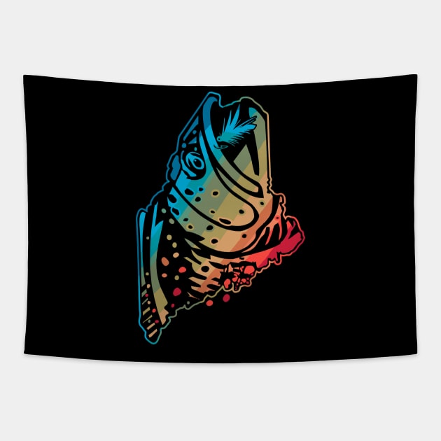 Maine State Map Outline Brook Trout Fishing Fly Fishing Art - Maine Fishing  - Tapestry
