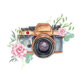 Watercolor camera, watercolor flowers,  photographer gift, photography, camera, flowers T-Shirt