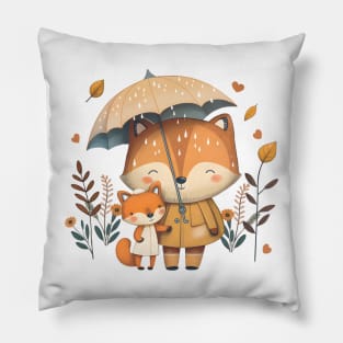 Cute Foxes Sharing an Umbrella Pink Pillow