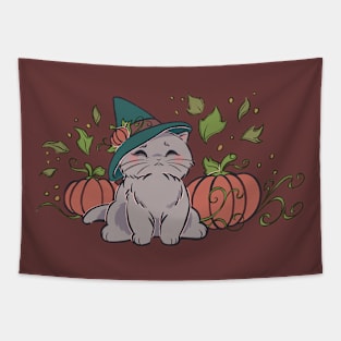 White Autumn Pumpkin Cat Tapestry