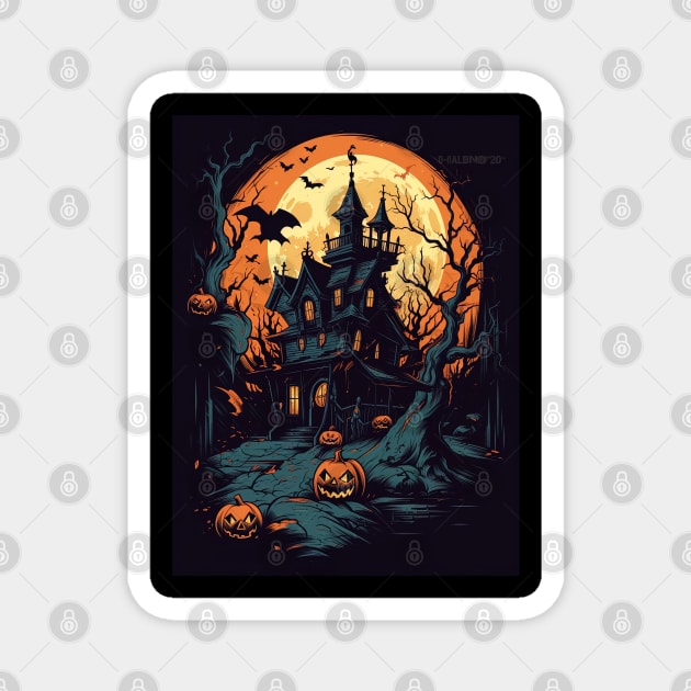 haunted house with halloween pumpkins Magnet by Maverick Media