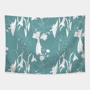 Flowers pattern with leafs in pastel color line art. Tapestry