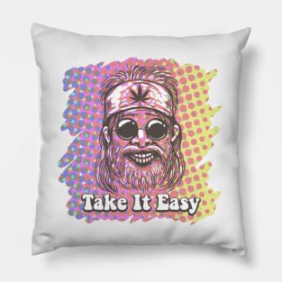 Old Hippiie in bandana with canabis leaf sign and wording Take it Easy. Hippie Psychedelic generation Retro Poster. Pillow