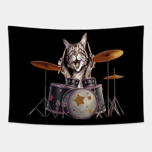 Funny Cat Playing the  Drums Tapestry