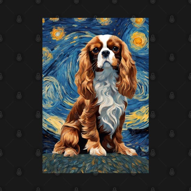Cute Cavalier King Charles Spaniel Dog Breed Painting in a Van Gogh Starry Night Art by Art-Jiyuu
