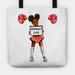 Inspirational motivational affirmation black anime girl cheerleader with Afro hair in puffs, brown eyes and dark brown skin side profile. Hair love ! Tote