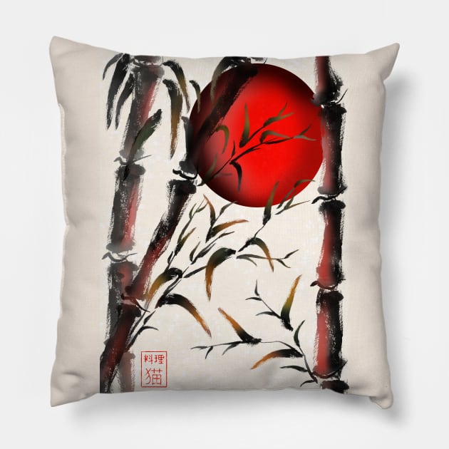 Sumi-e bamboo forest with a red rising sun Pillow by cuisinecat