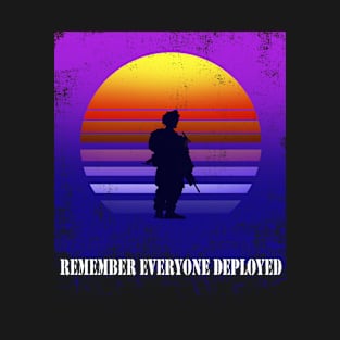 Retro Vintage Distressed Soldier Silhouette Purple Sunset Military - Remember Everyone Deployed - USA Army T-Shirt