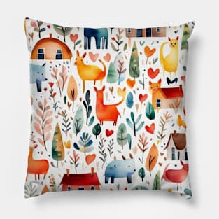 Cute cottagecore pattern houses animals trees beautiful countryside pattern village pattern gifts Pillow