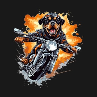 A horror-inspired t-shirt design featuring a Rottweiler Dog on a motorcycle T-Shirt